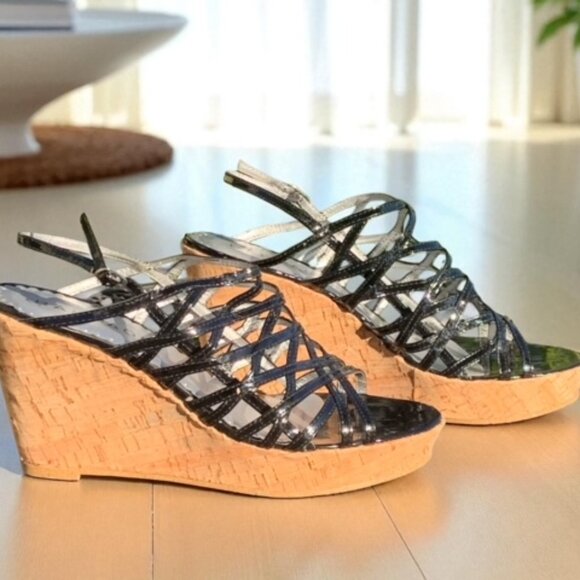 Rampage Black Patent Strappy Wedge Heels Size 8 - Picture 1 of 5